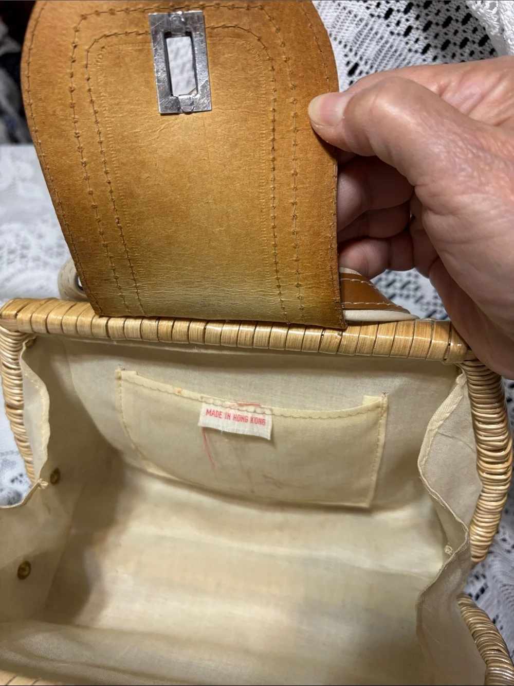 Woven Rattan Handbag with Cream & Tan Accents